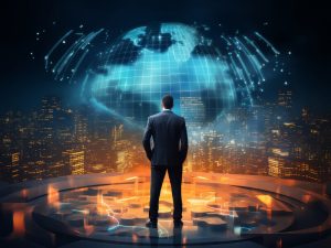 Editorial illustration of a hybrid enterprise environment with employees accessing business applications from office and remote locations through identity-based security controls.