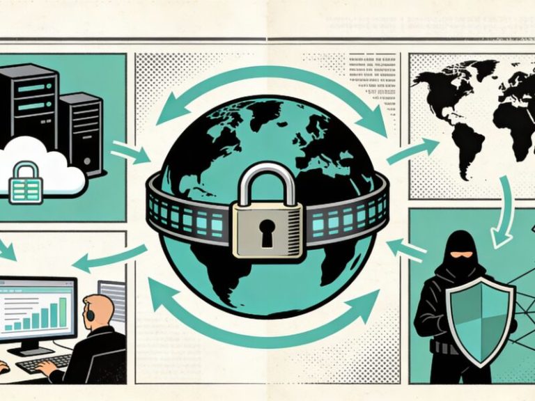 An editorial illustration of a security team reviewing data movement across email, cloud apps, endpoints, and collaboration tools on a central dashboard.