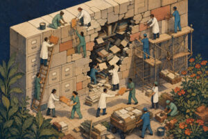 Hand-drawn isometric art of hospital staff and tiny workers rebuilding a cracked archive wall, passing files by hand to stop papers spilling out