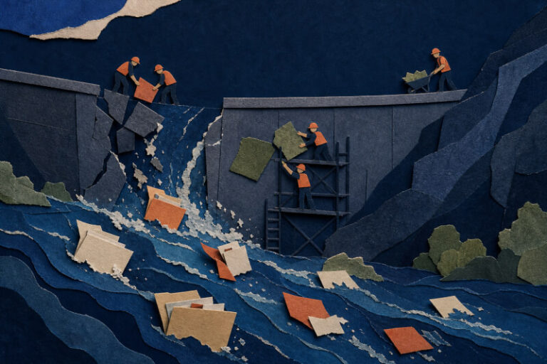 Abstract editorial art of tiny workers repairing a breached dam as water carries paper files away, symbolizing stolen data and urgent containment