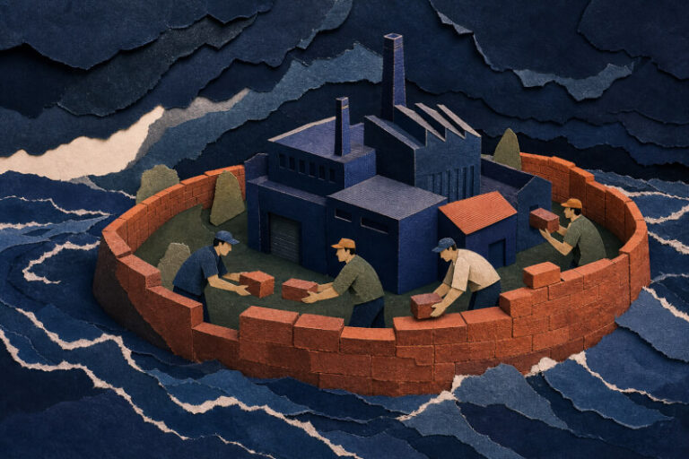 Hand-drawn isometric art of workers reinforcing a flood barrier around a factory, passing bricks together as dark storm clouds approach