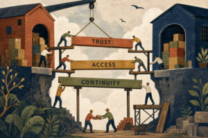 Abstract editorial art of tiny workers repairing a broken cargo bridge between warehouses, each beam labeled trust, access, and continuity