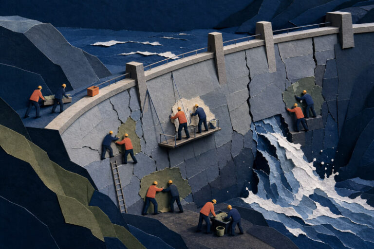 Hand-drawn isometric art of workers bracing a cracked dam wall as tiny teams seal gaps before water breaks through