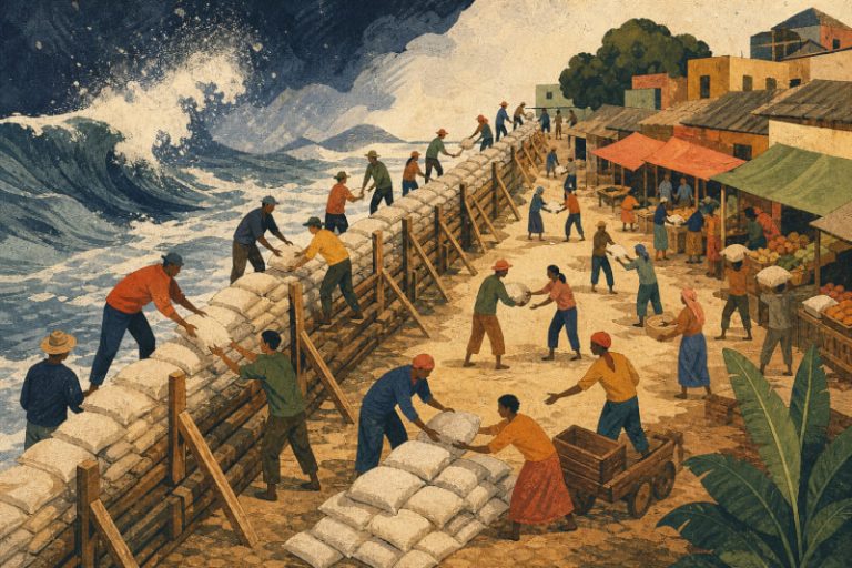 Abstract editorial art of workers reinforcing a flood barrier as waves press in, tiny figures passing sandbags to protect a busy marketplace
