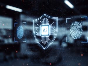 An executive meeting room where security leaders, IT managers, and business executives review AI risk dashboards, data governance policies, and enterprise security controls on large screens.