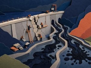 Abstract editorial art of tiny workers repairing a cracked dam as dark ink spreads through channels, showing coordinated effort to stop damage