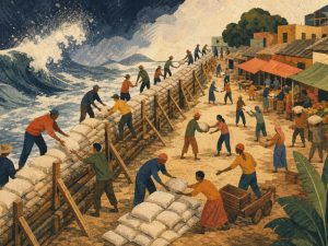 Abstract editorial art of workers reinforcing a flood barrier as waves press in, tiny figures passing sandbags to protect a busy marketplace