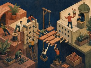 Hand-drawn isometric art of tiny office workers rebuilding a broken switchboard bridge as one caller distracts a gatekeeper at the far end