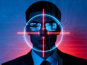 A modern enterprise boardroom where executives, IT leaders, and security professionals review AI risk dashboards, data flows, and compliance reports on large screens.