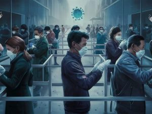 An executive boardroom overlooking a modern city, with IT leaders and security professionals reviewing cloud access dashboards, risk indicators, and policy maps on large digital screens.